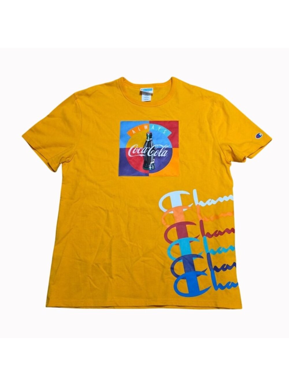Champion x Coca-Cola "Always" Graphic T-Shirt Yellow Gold Men's Size L Rare Vtg